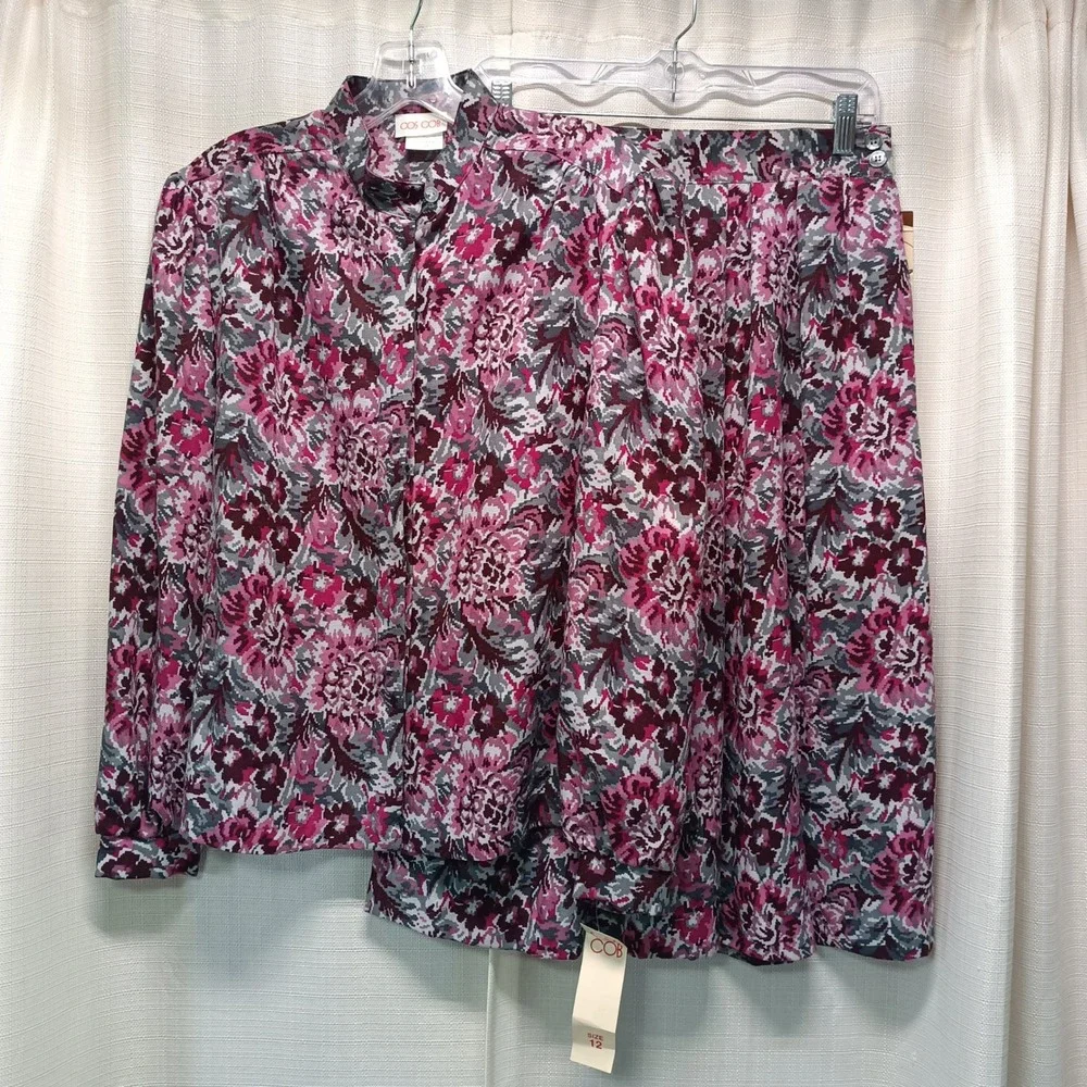 Vtg Cos Cob Pink Floral Skirt Set 2 Piece Blouse Midi Skirt 12/14 USA‎ NWT 80s